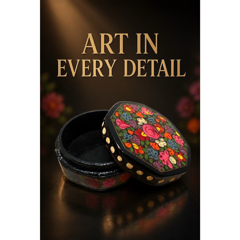Vintage Kashmir Floral Trinket Box Papier-Mâché Made in India